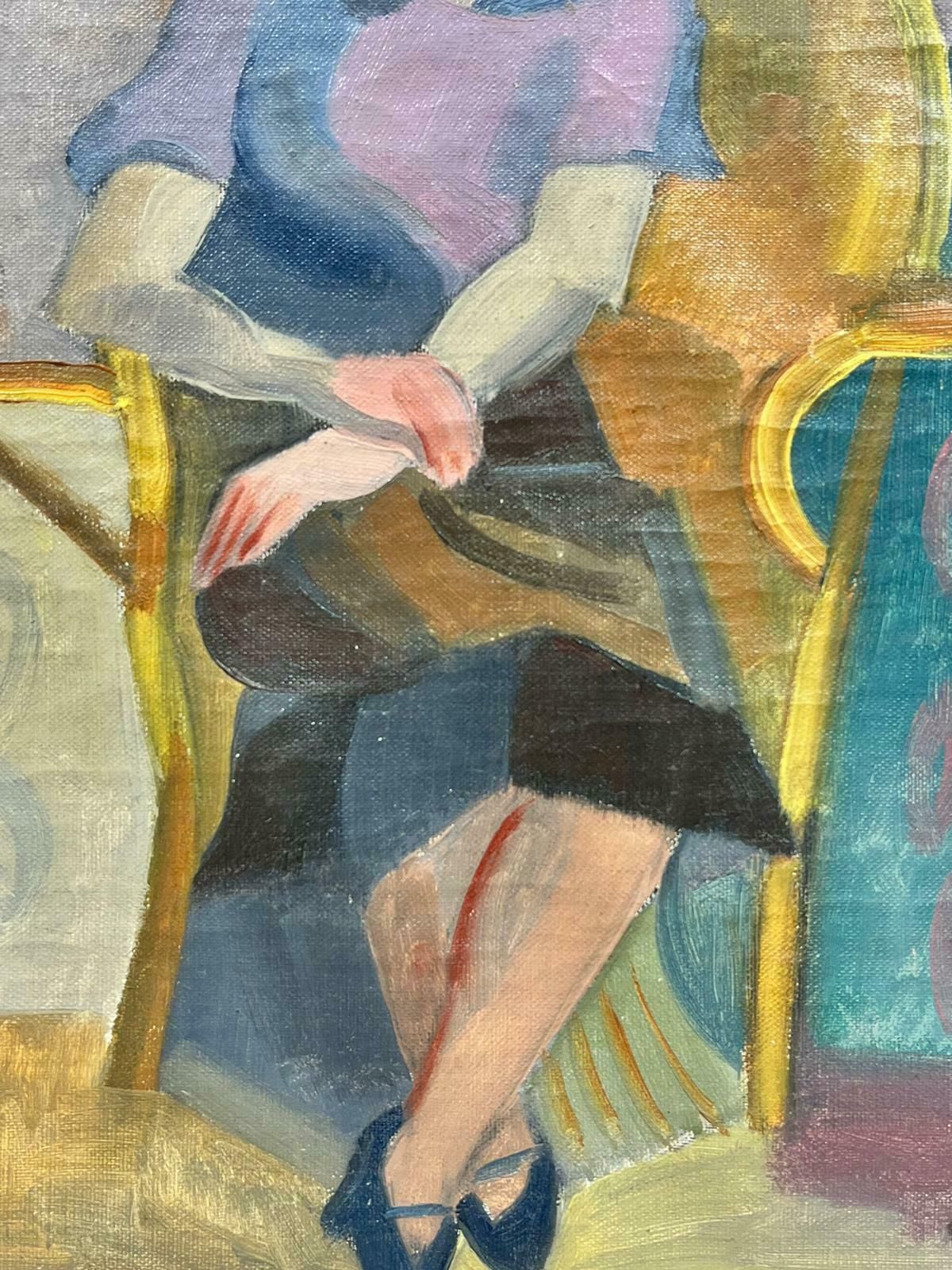 Henri Van Der Beck1930's French Cubist Signed Oil Lady In Red Seated On Golden Chair In Interior1930's photo for sale