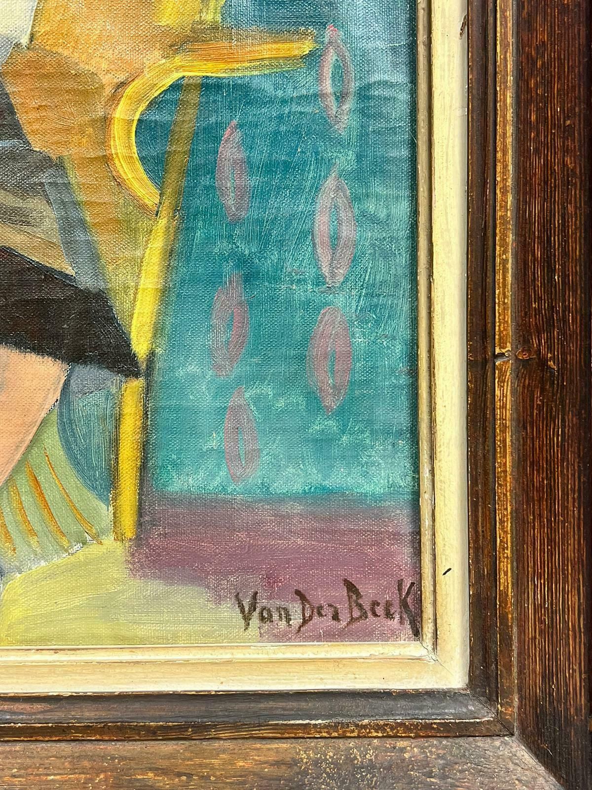 Henri Van Der Beck1930's French Cubist Signed Oil Lady In Red Seated On Golden Chair In Interior1930's photo 1017.0