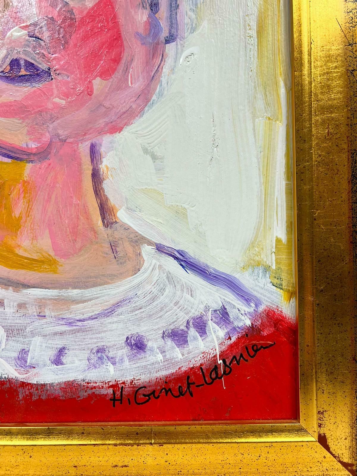 Huguette Ginet Lasnier French Signed Modernist Painting Rosy Cheeked Portrait Figure In Redc. 2000's photo Art