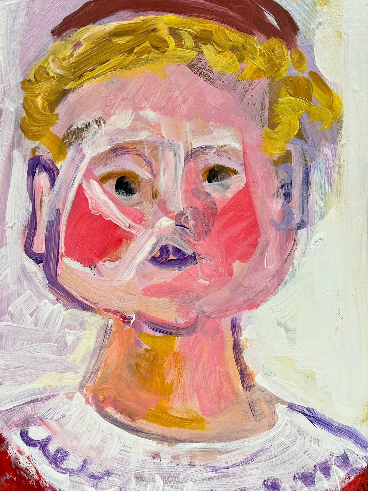 Huguette Ginet Lasnier French Signed Modernist Painting Rosy Cheeked Portrait Figure In Redc. 2000's photo 767.0