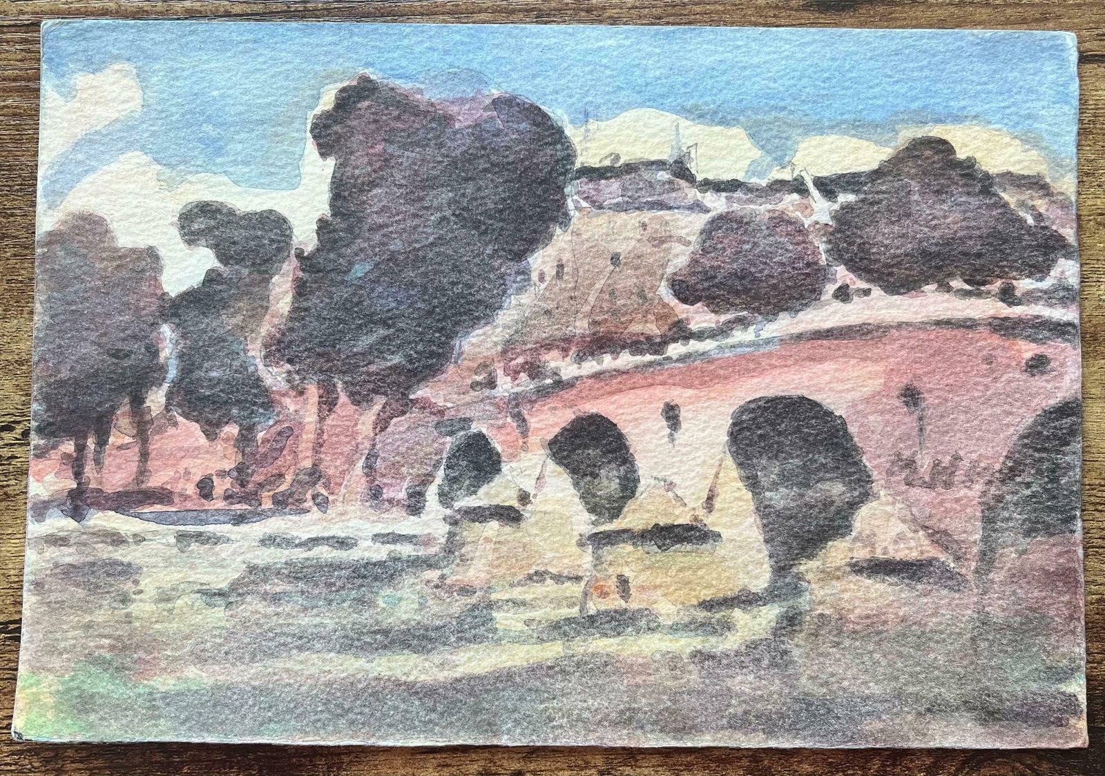 Maurice Mazeiliefrench Impressionist Watercolor Parisian Bridge Scene With Trees And Riverbank20th Century photo furniture