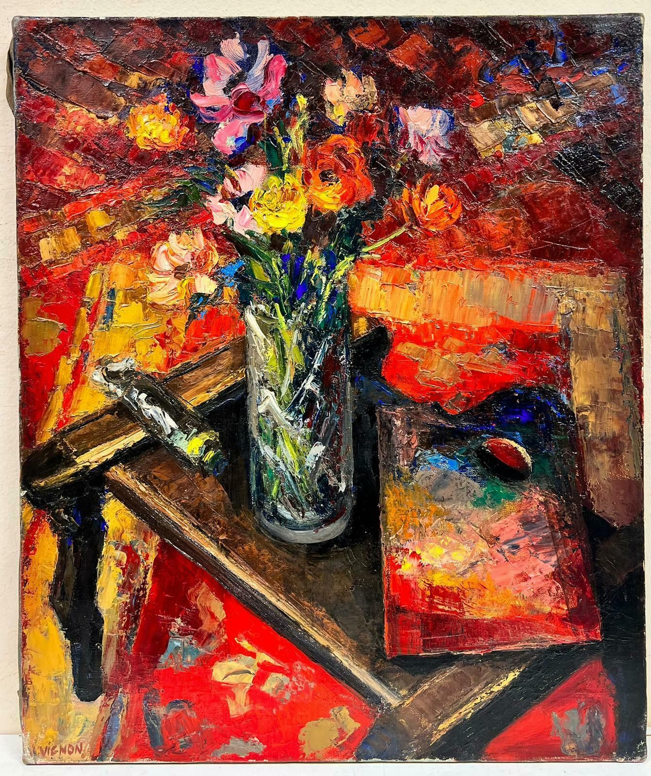 Josine Vignon1960's French Post Impressionist Still Life Oil Flowers & Artists Palette 1960's photo furniture