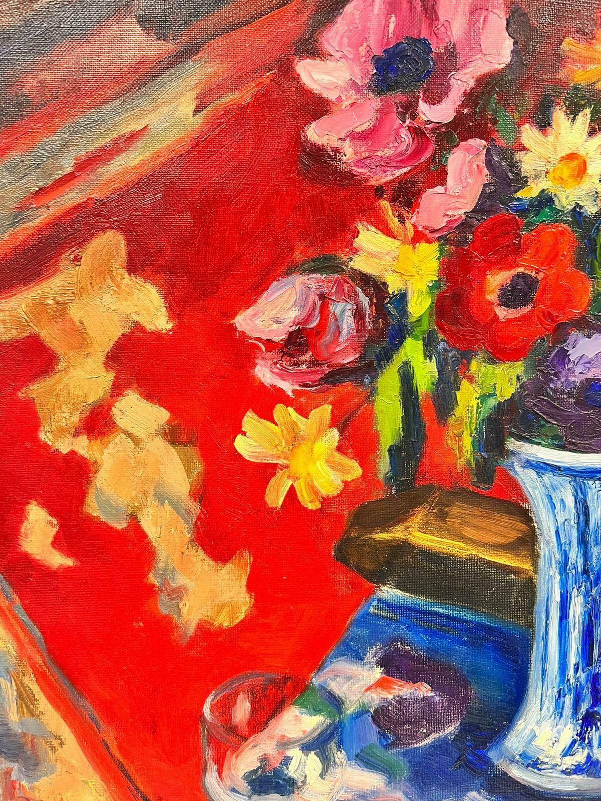 Josine Vignonfrench Post Impressionist Signed Oil Flowers In Blue Vase Red Background 1960's1960's photo for sale