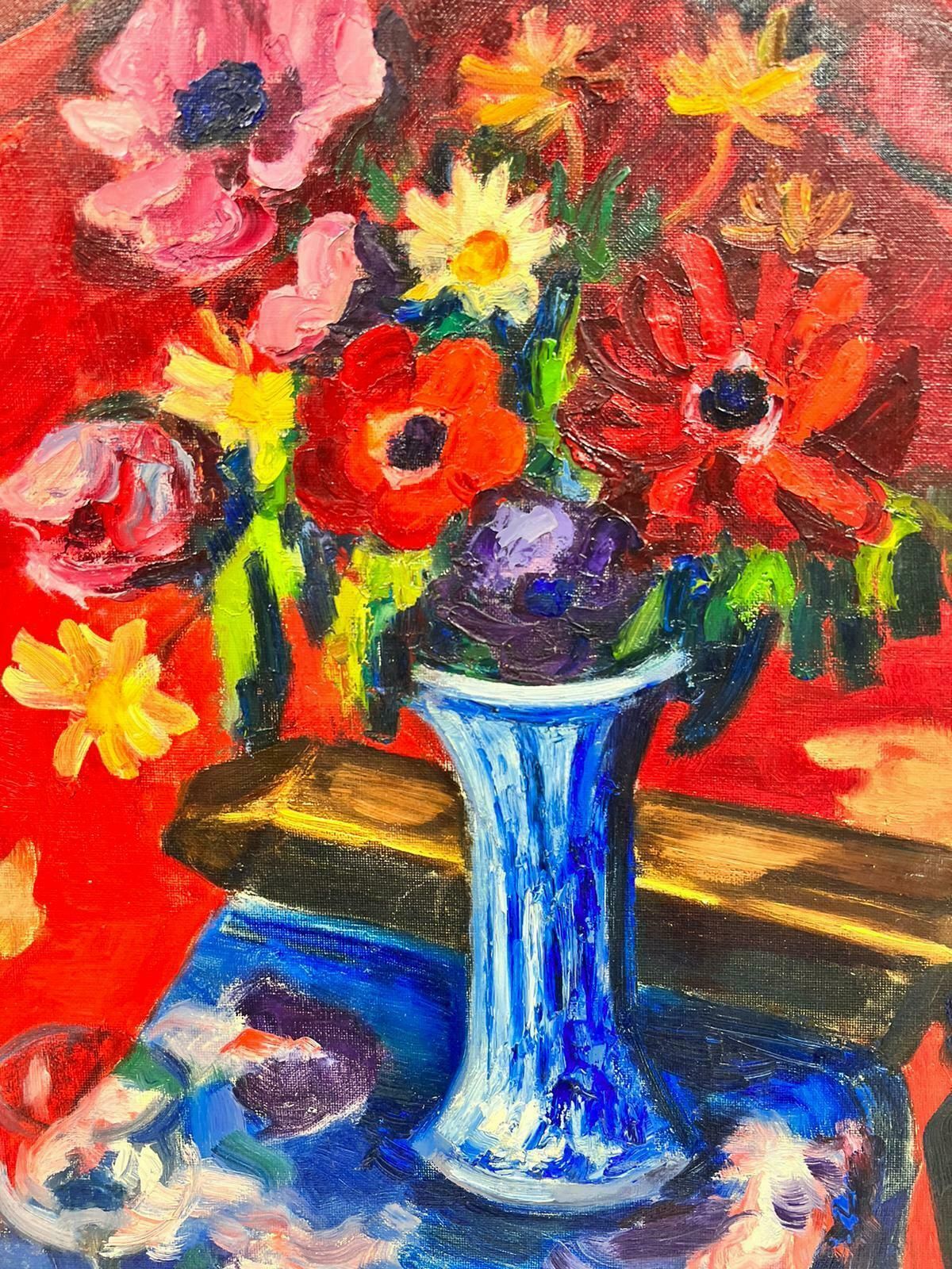 Josine Vignonfrench Post Impressionist Signed Oil Flowers In Blue Vase Red Background 1960's1960's photo Art