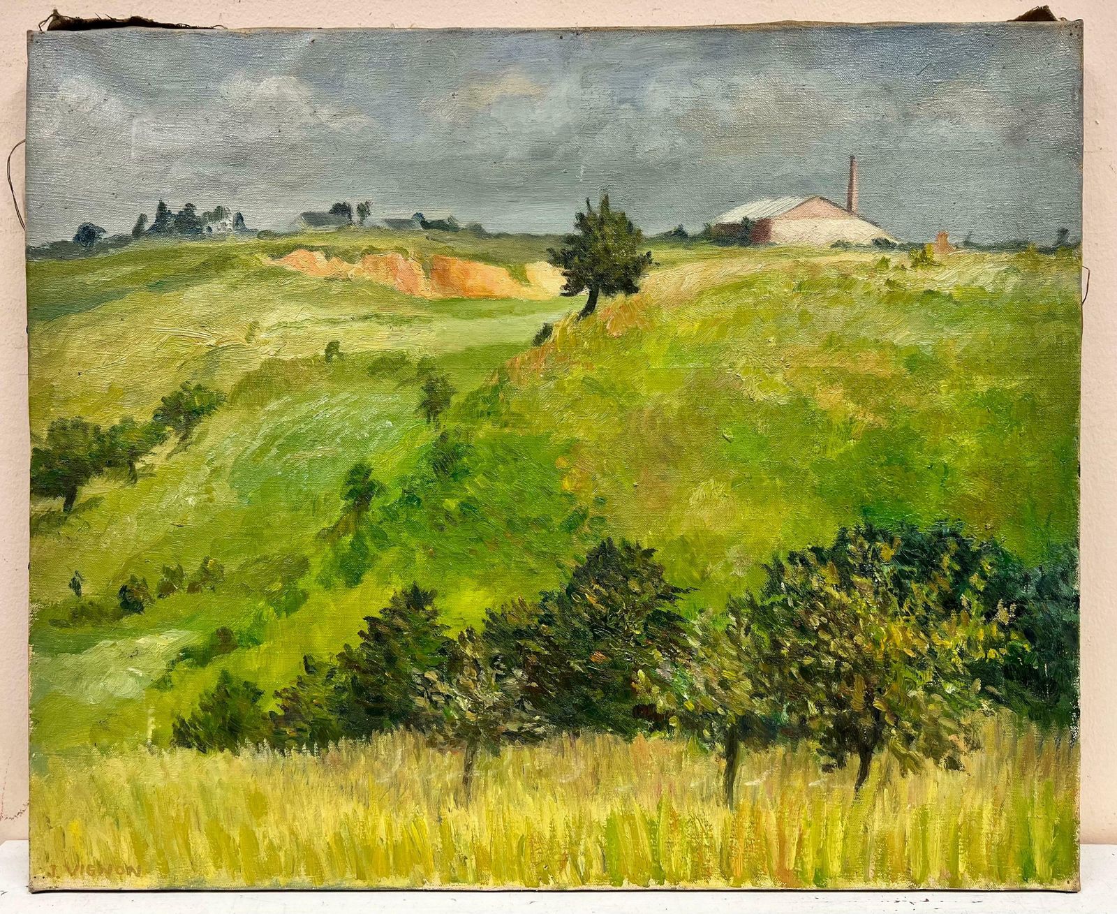 Josine Vignon1950's French Post Impressionist Signed Oil Green Landscape & Fields1960's photo furniture