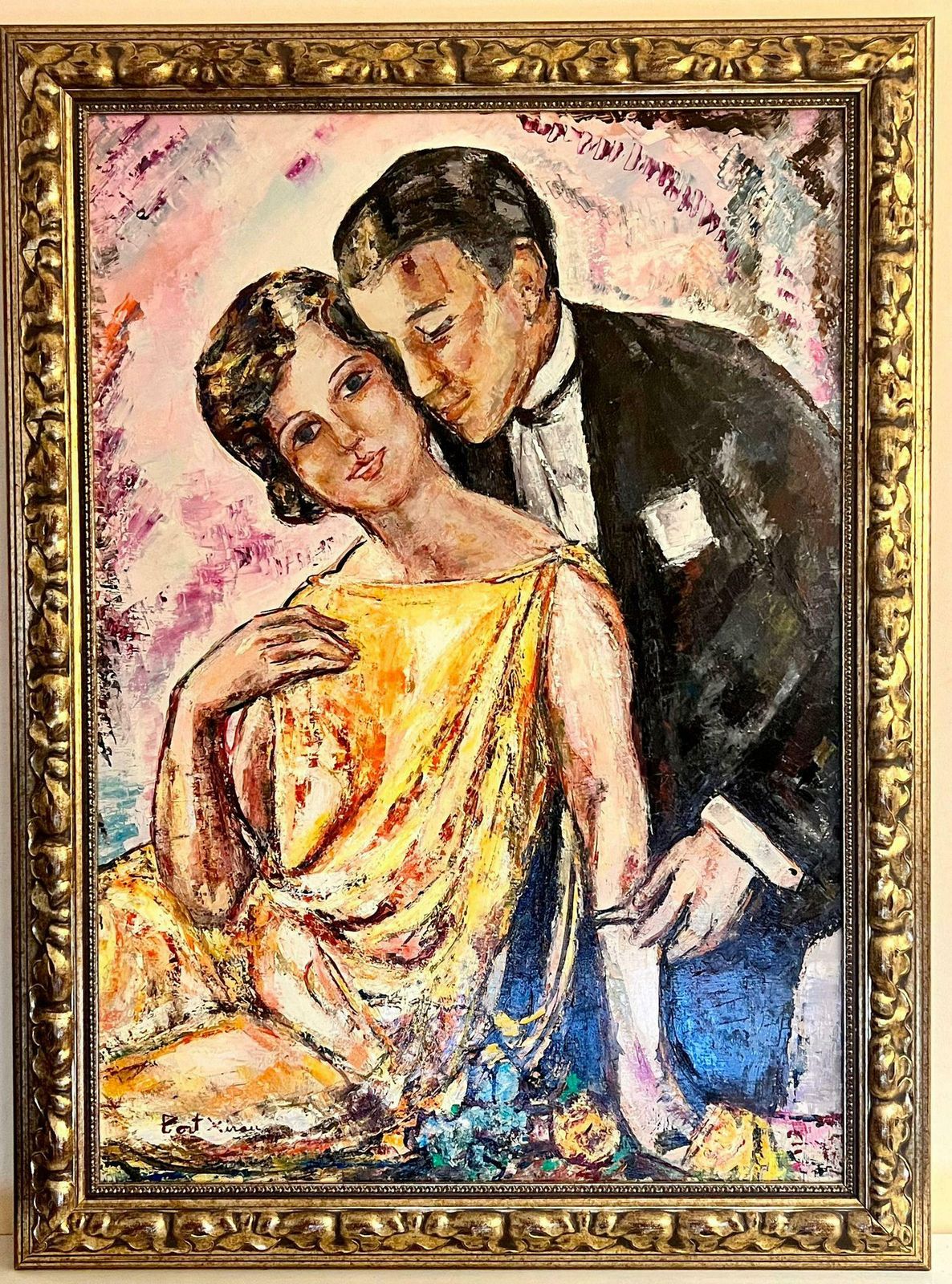 Maria Tort Xirauhuge Spanish/ French Modernist Oil Painting Elegant Couple In Tender Embrace1991 photo vinterior