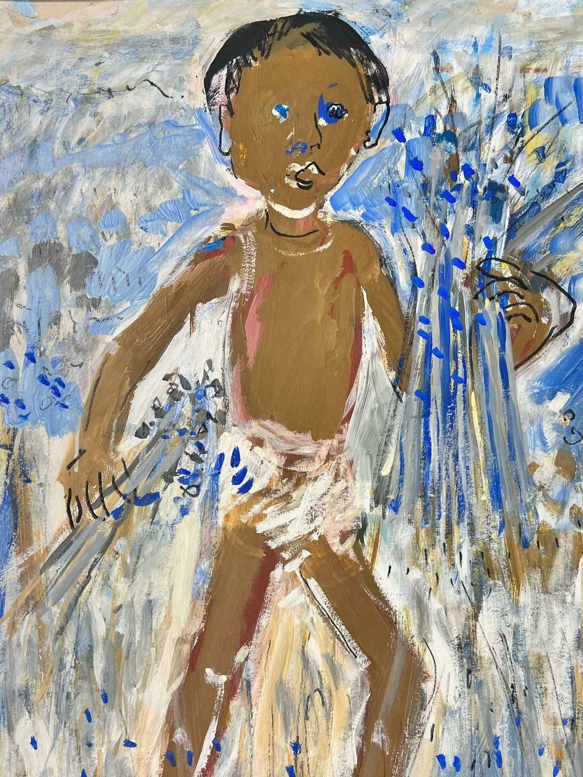 Huguette Ginet Lasnier Large French Modernist Painting Young Boy Harvesting Lavender Provence Fieldsc. 2000's photo furniture