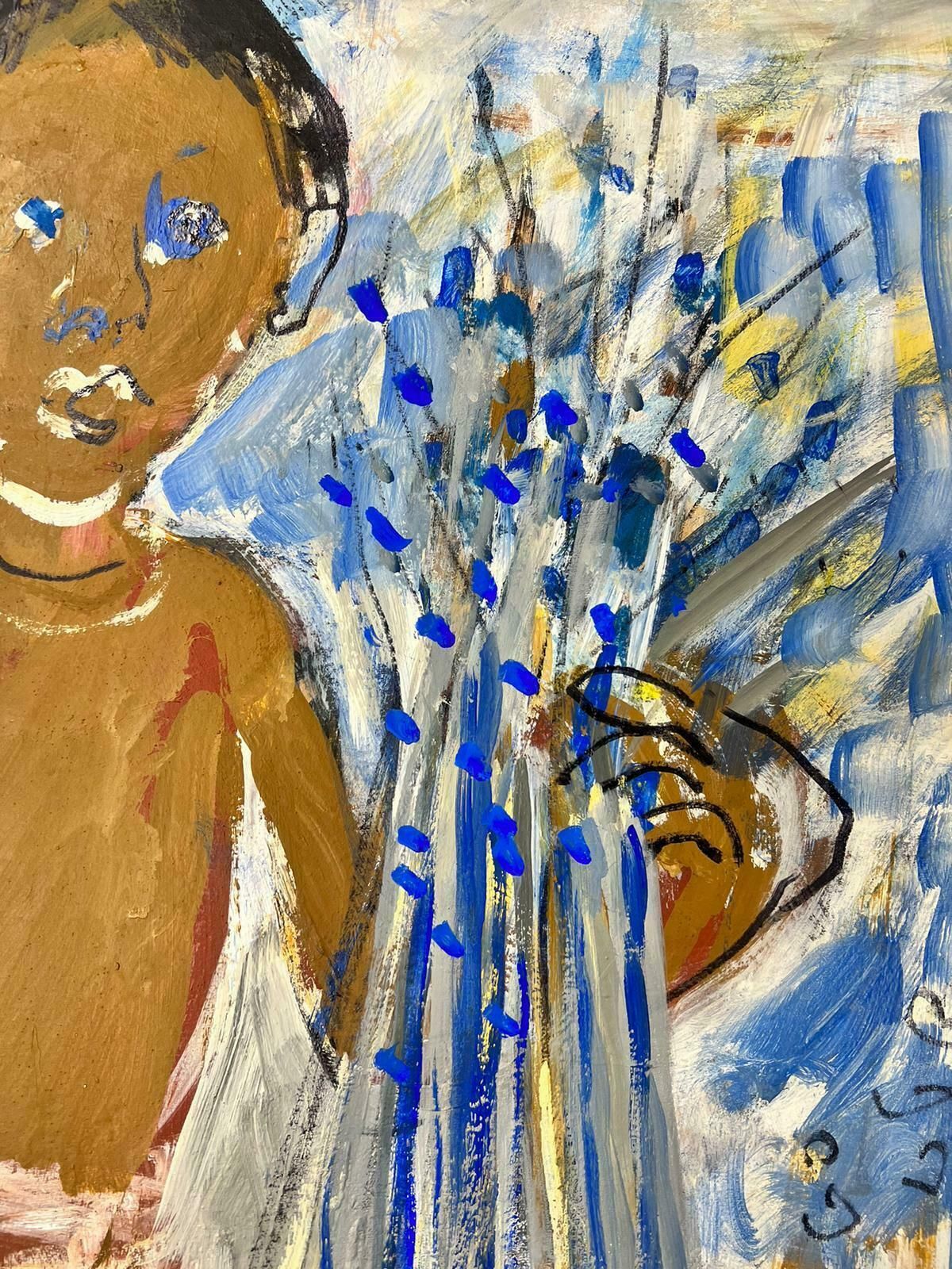 Huguette Ginet Lasnier Large French Modernist Painting Young Boy Harvesting Lavender Provence Fieldsc. 2000's photo vintage