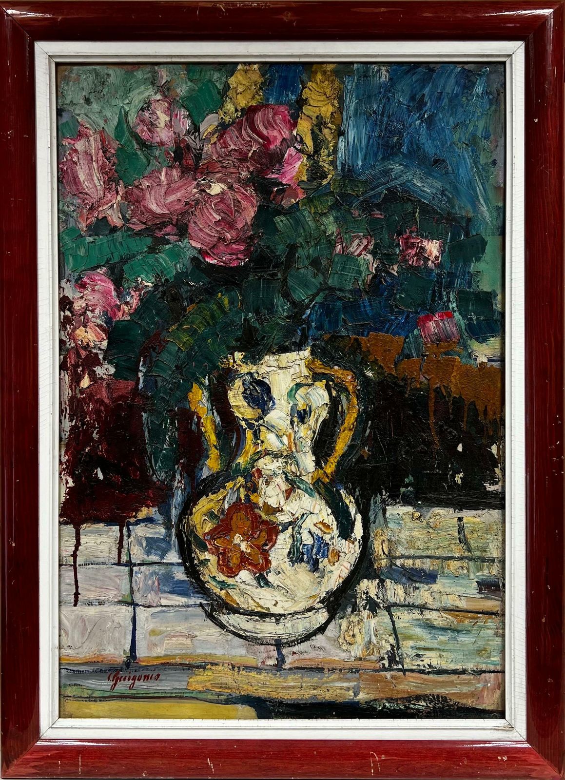 20th Century French School1960's French Post Impressionist Signed Oil Flowers In A Vase Very Thick Oil photo furniture