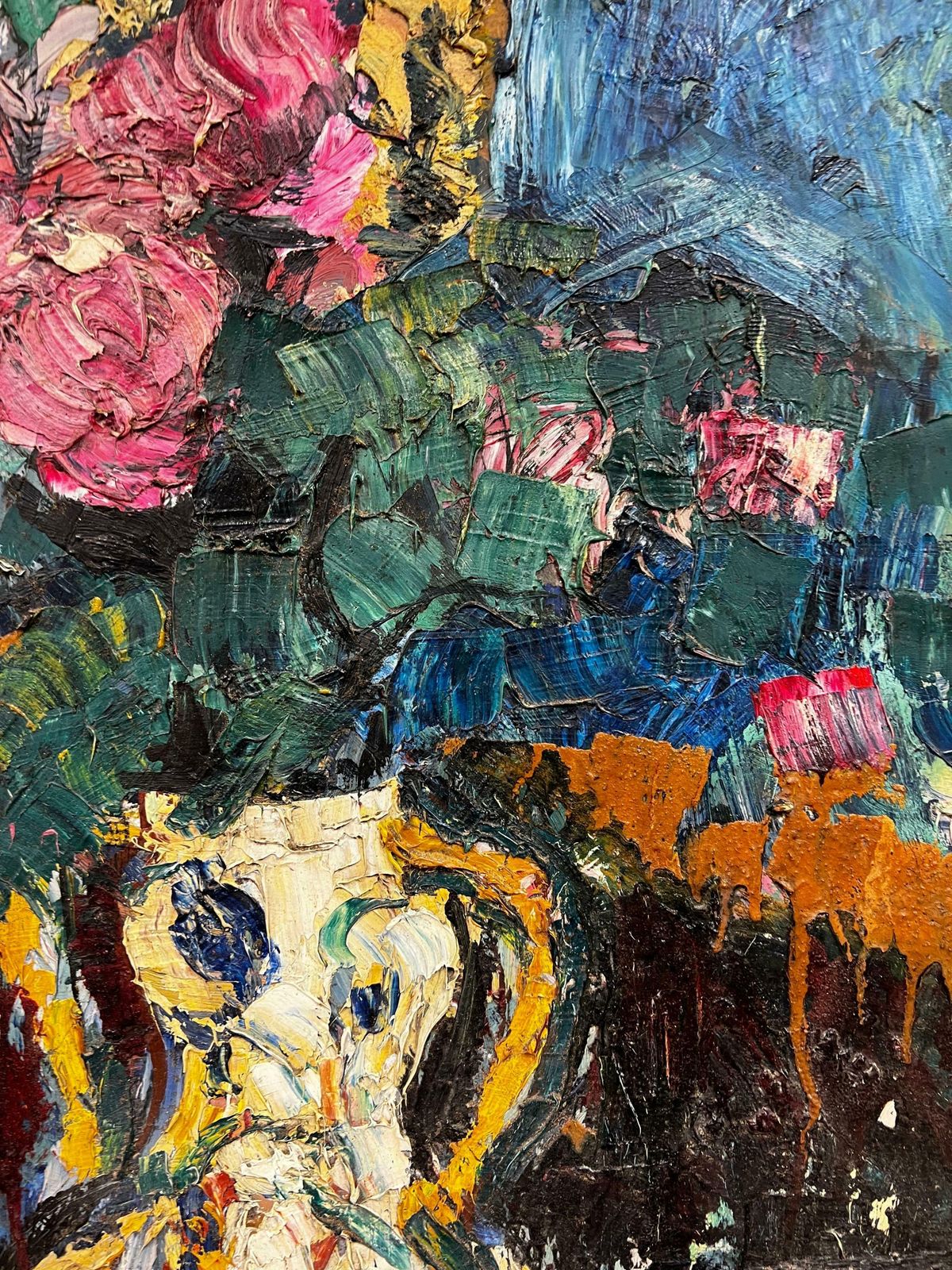 20th Century French School1960's French Post Impressionist Signed Oil Flowers In A Vase Very Thick Oil photo Art