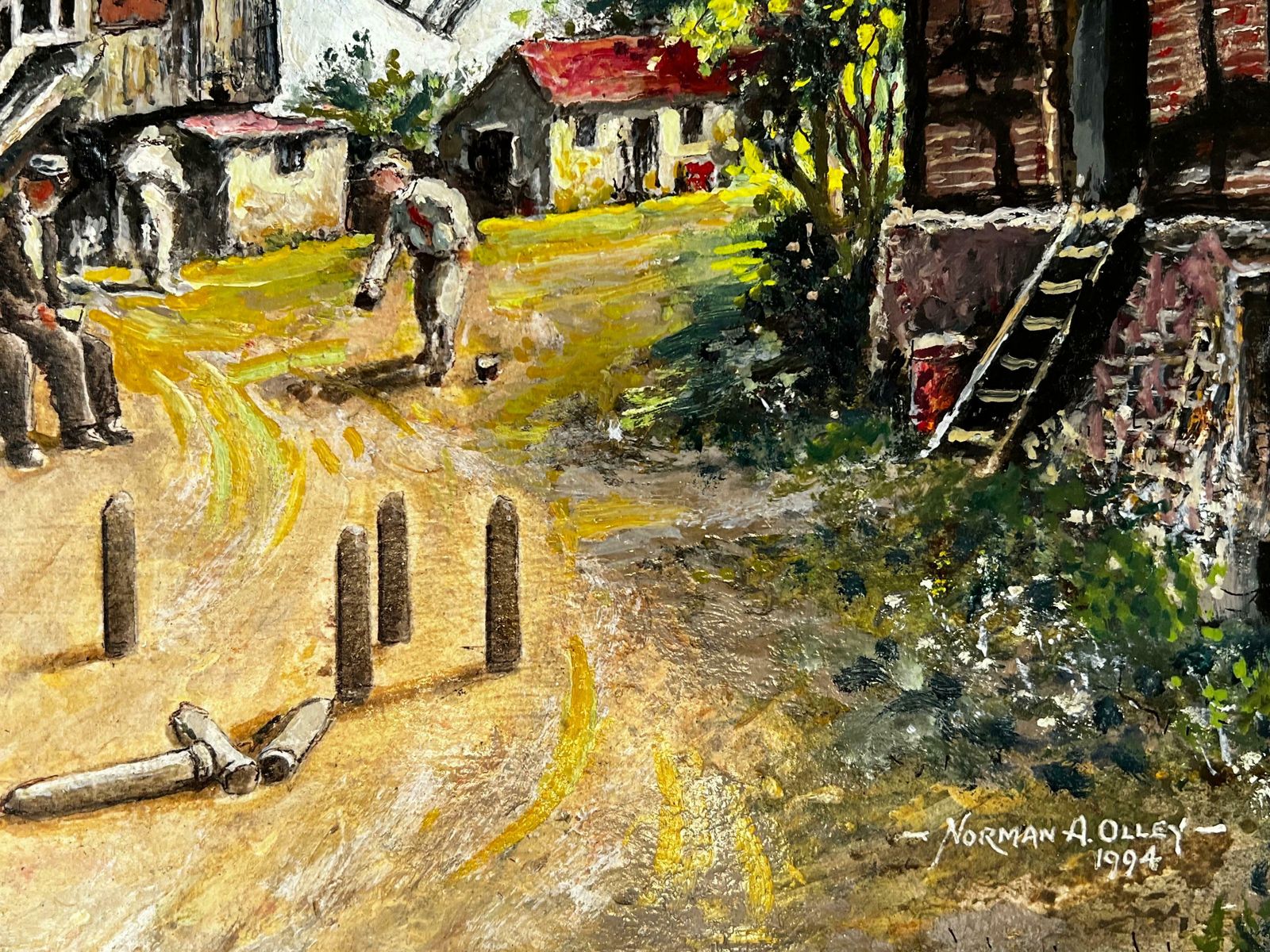 Norman A Olleytraditional English Village Tavern Scene Figures Playing Skittles Signed photo vintage