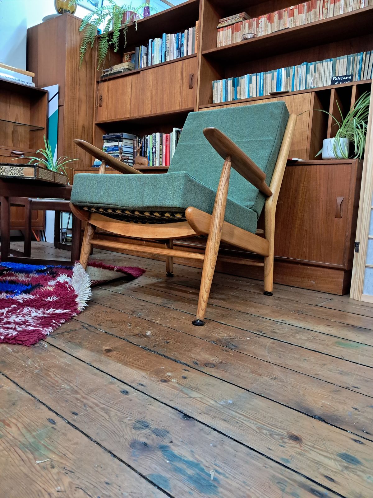 A Lovingly Restored Scandart Armchair In Elm And Beech, Reupholstered In Soothing Green Tweed photo for sale