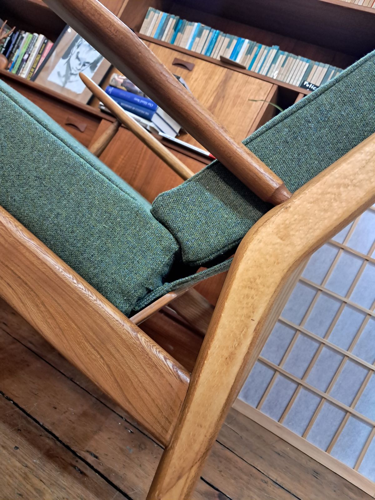 A Lovingly Restored Scandart Armchair In Elm And Beech, Reupholstered In Soothing Green Tweed photo buy