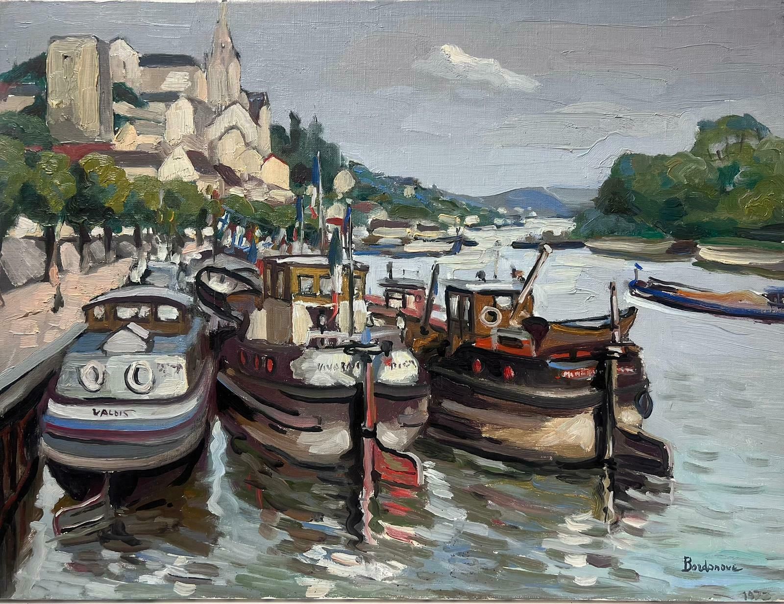 Georges Bordonovecontemporary French Impressionist Oil Boats Moored On River Quay City View