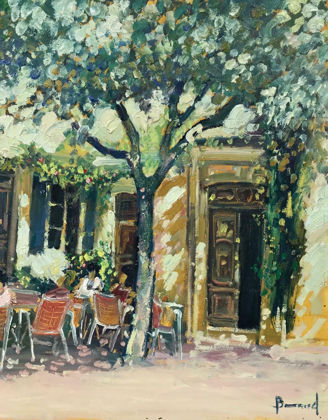 Guy Benardfrench Impressionist Oil Dappled Light Cafe Scene With Figures In Provence photo for sale