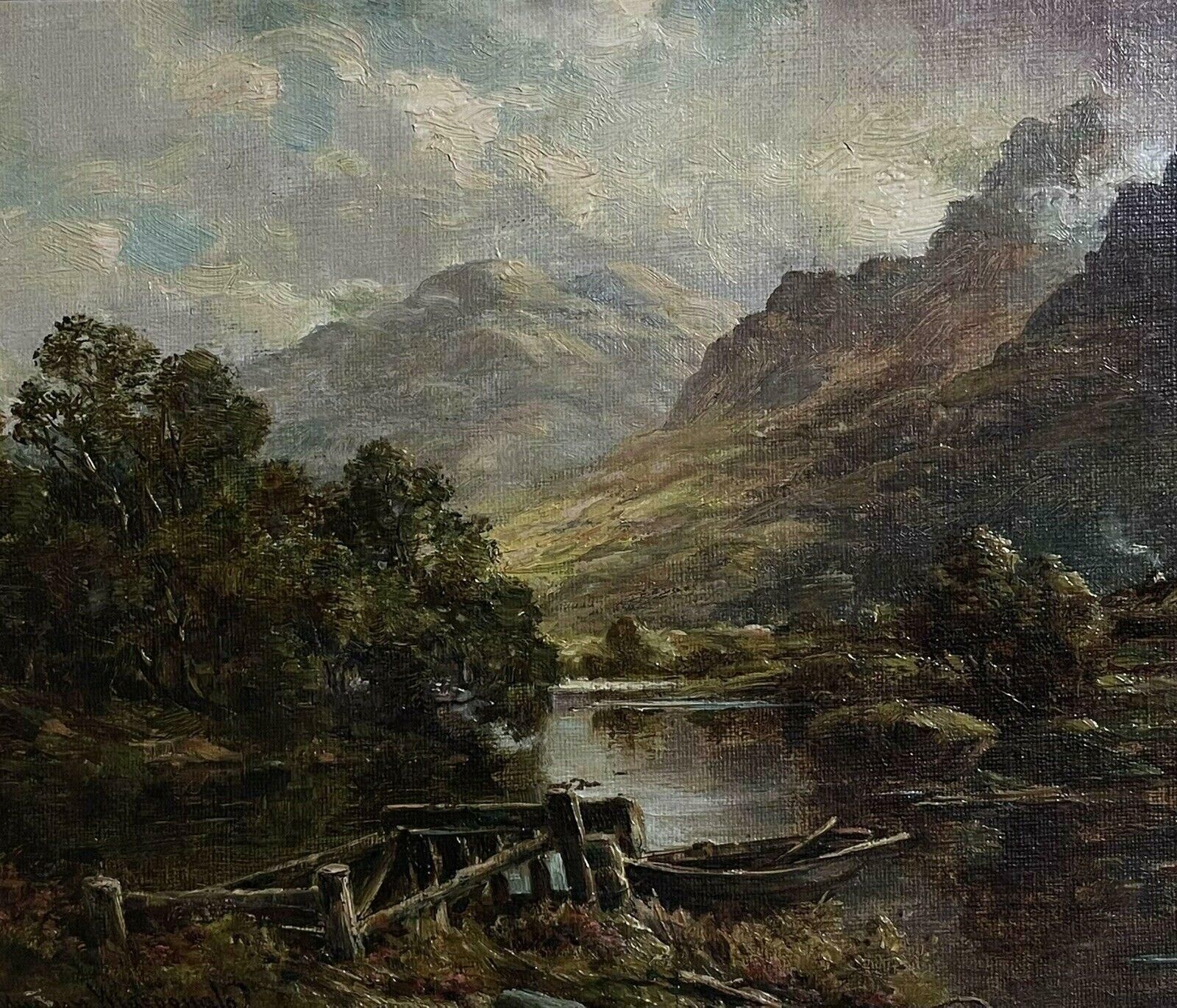Victorian Scottishfine 19th Century Scottish Highlands Oil Painting Boat In River Landscape, Frame photo for sale