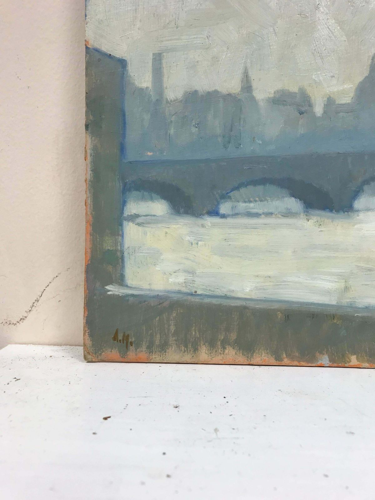 Anton Matthewsmodern British Signed Oil   London Skyline Viewed From River Thames, Grey Tones photo vinterior