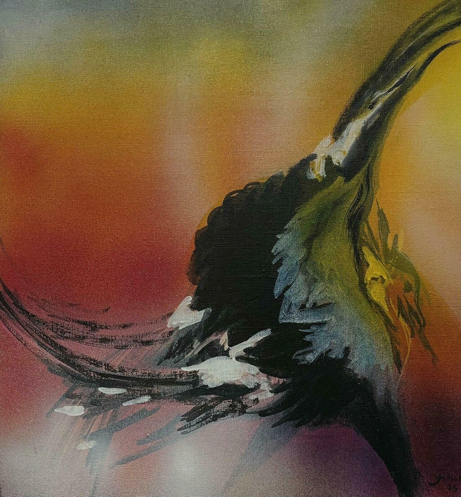 Josyne Gallethuge French Surrealist Fantasy Oil Painting Dancing Bird Orange Yellow Sky photo for sale