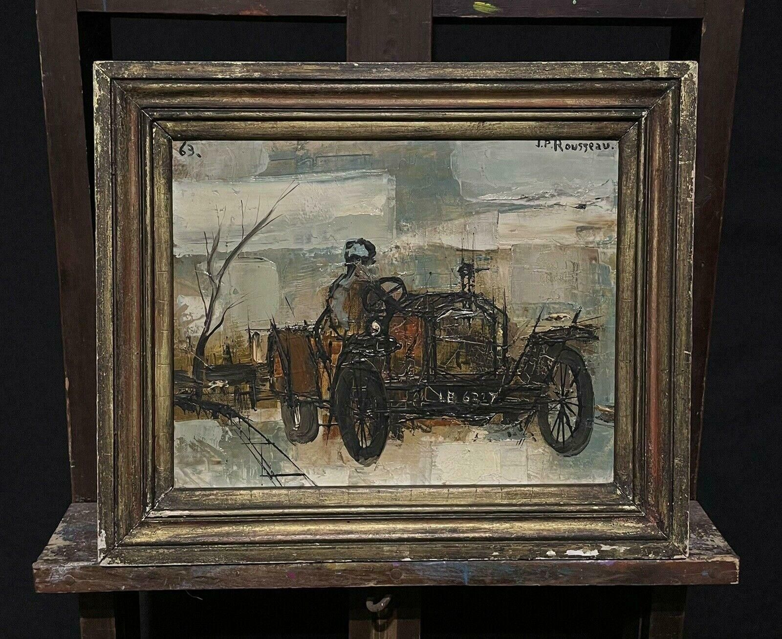 Jean Pierre Rousseau1960's French Modernist Signed Oil Man Driving 1900's Vintage Car photo furniture