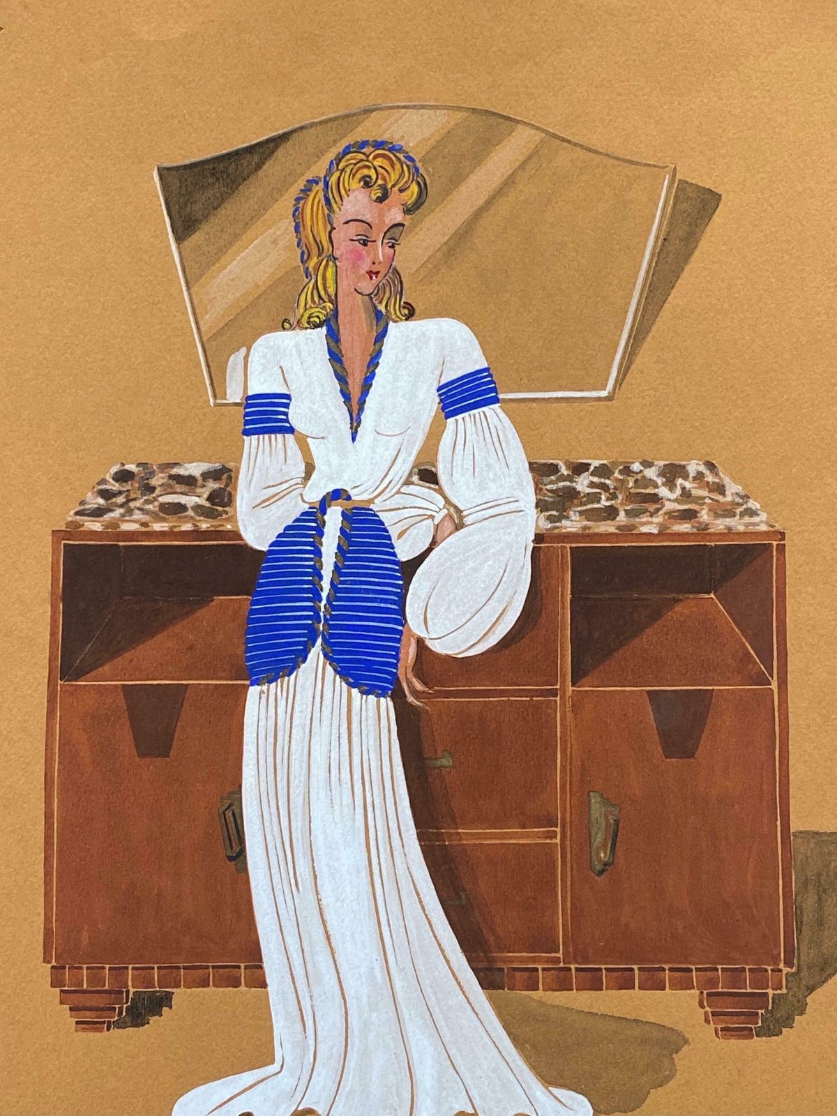 Geneviève Thomas1940's Fashion Illustration   Stylish Blonde Lady In White Dressc. 1940's photo furniture