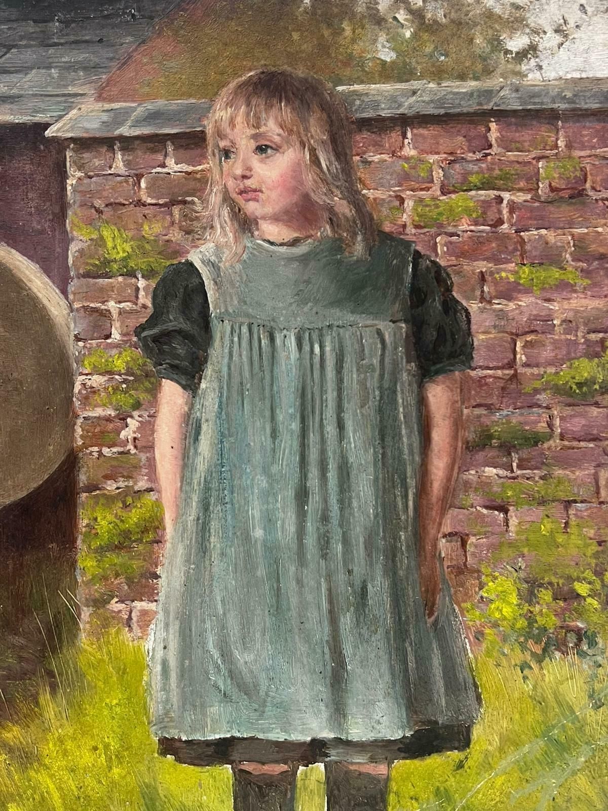 Antique English Victorian English Oil Painting Young Girl In Dress Standing In Village Garden