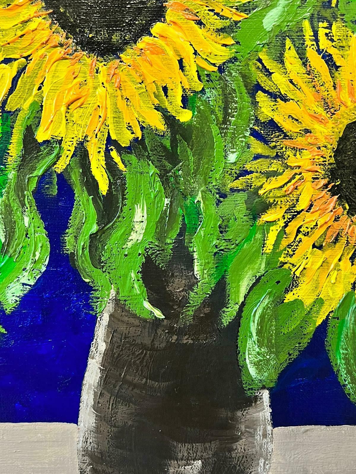 Contemporary British Sunflowers In Vase Blue Background Colourful Modern British Oil Painting photo furniture