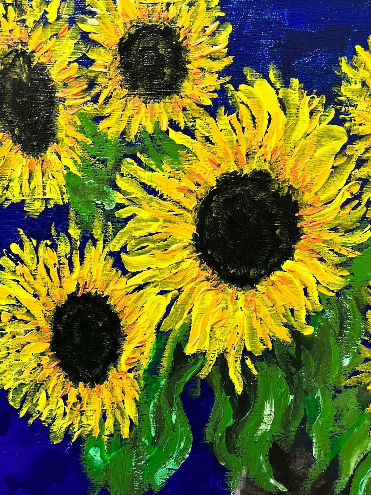 Contemporary British Sunflowers In Vase Blue Background Colourful Modern British Oil Painting photo Art