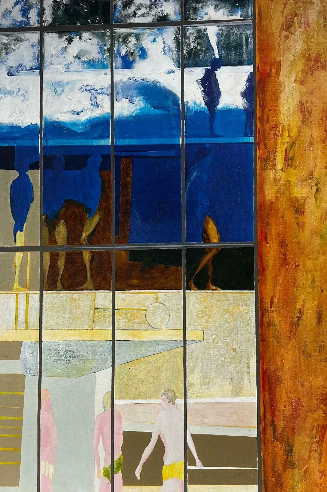 Jerry Joneshuge 1970's British Surrealist Abstract Signed Oil Male Figures Through Window
