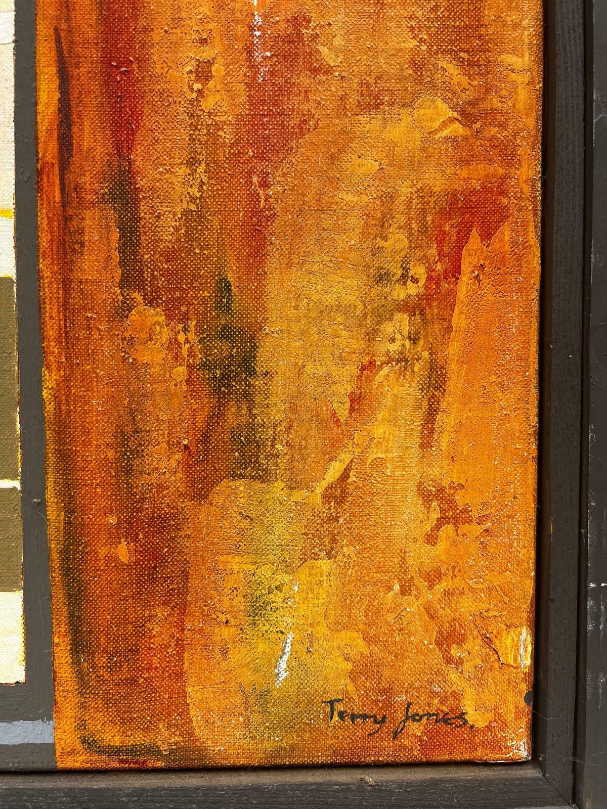 Jerry Joneshuge 1970's British Surrealist Abstract Signed Oil Male Figures Through Window photo for sale