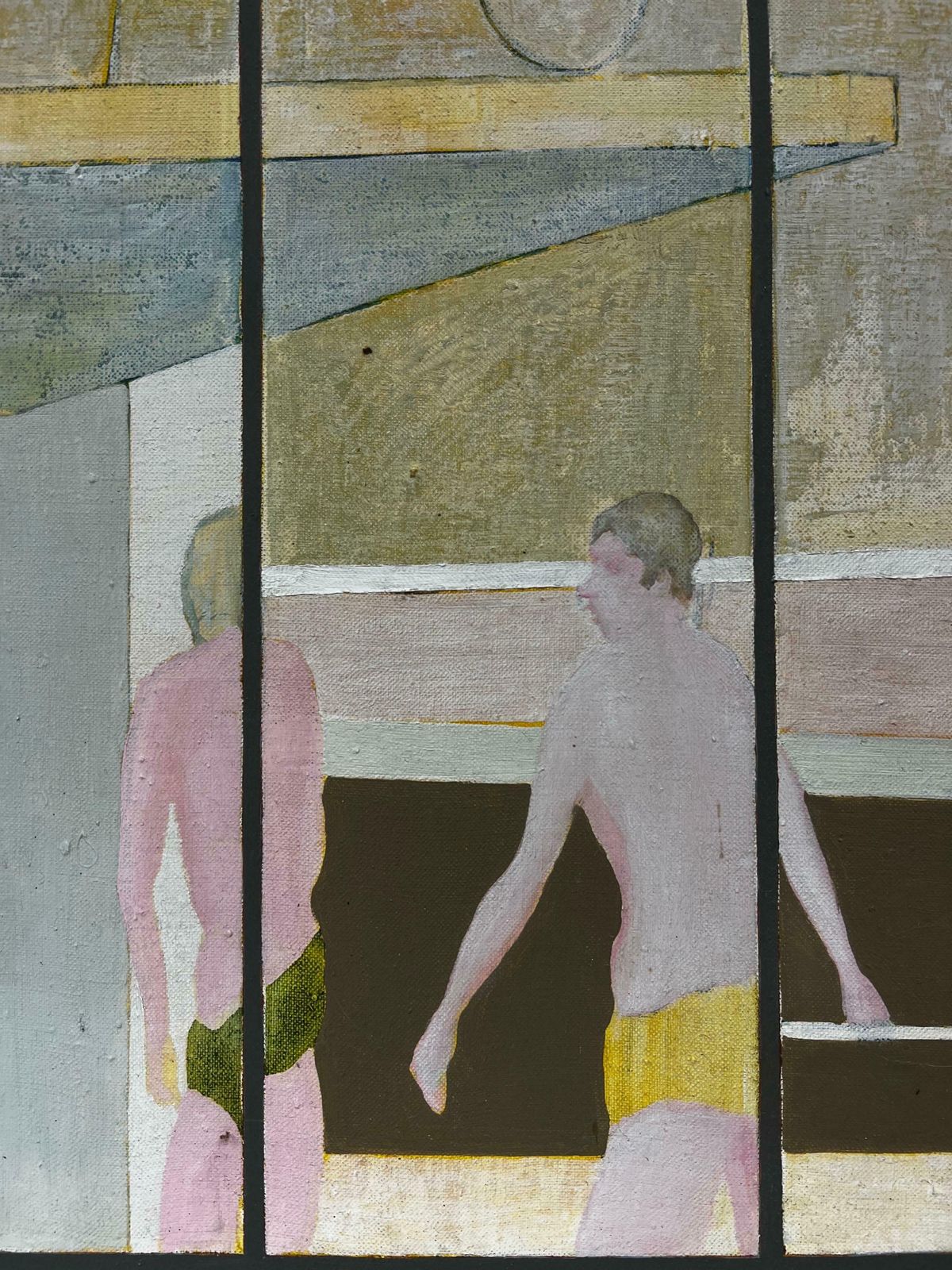 Jerry Joneshuge 1970's British Surrealist Abstract Signed Oil Male Figures Through Window photo Art