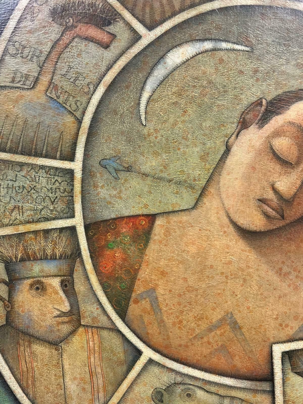 French School1990's French Surrealist Signed Painting Figurative Fantasy Circular Themed 1993 photo Art