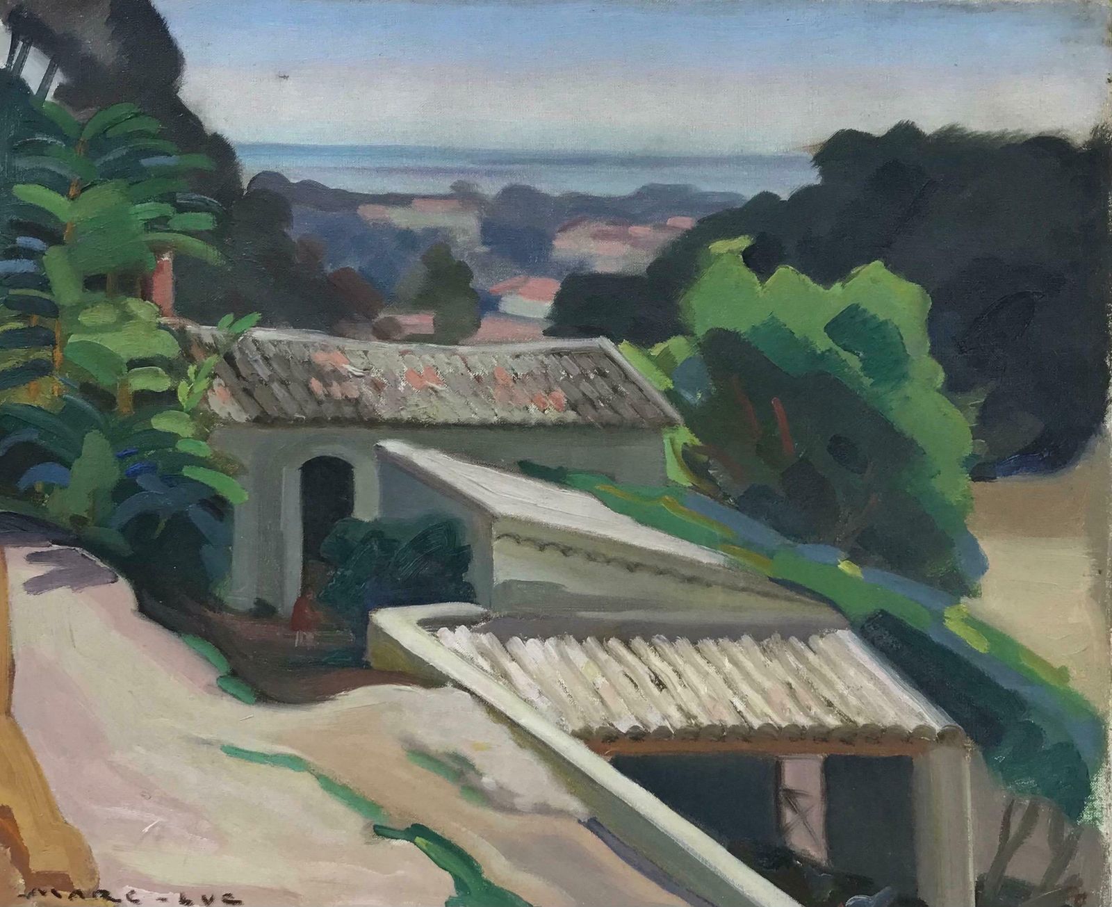 French School1930s French Post Impressionist Oil Painting   Pink Rooftops Over Provence Coast