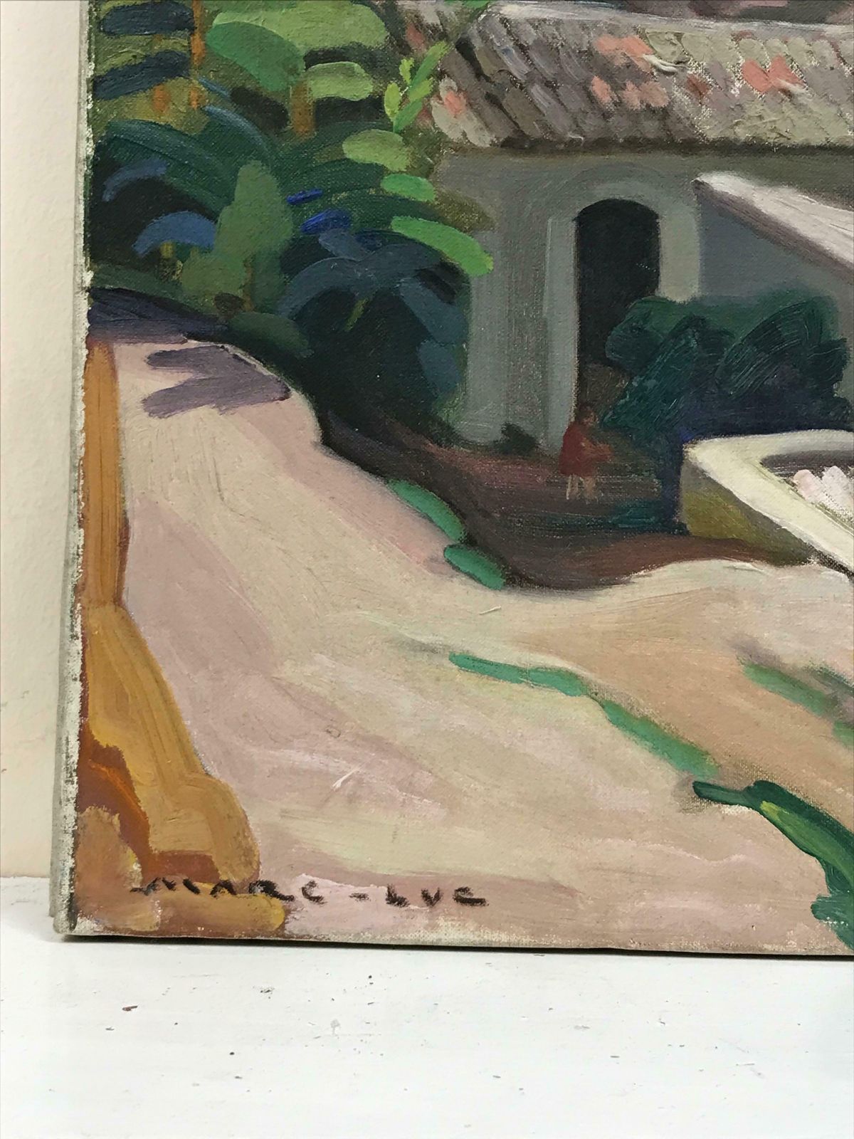 French School1930s French Post Impressionist Oil Painting   Pink Rooftops Over Provence Coast photo vinterior
