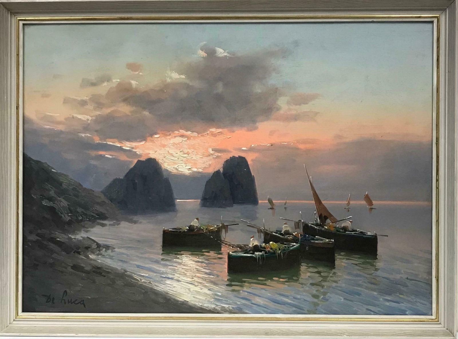 Mid Century Italianfishing Boats At Sunset Off The Neapolitan Coastline, Large Signed Oil Painting photo furniture