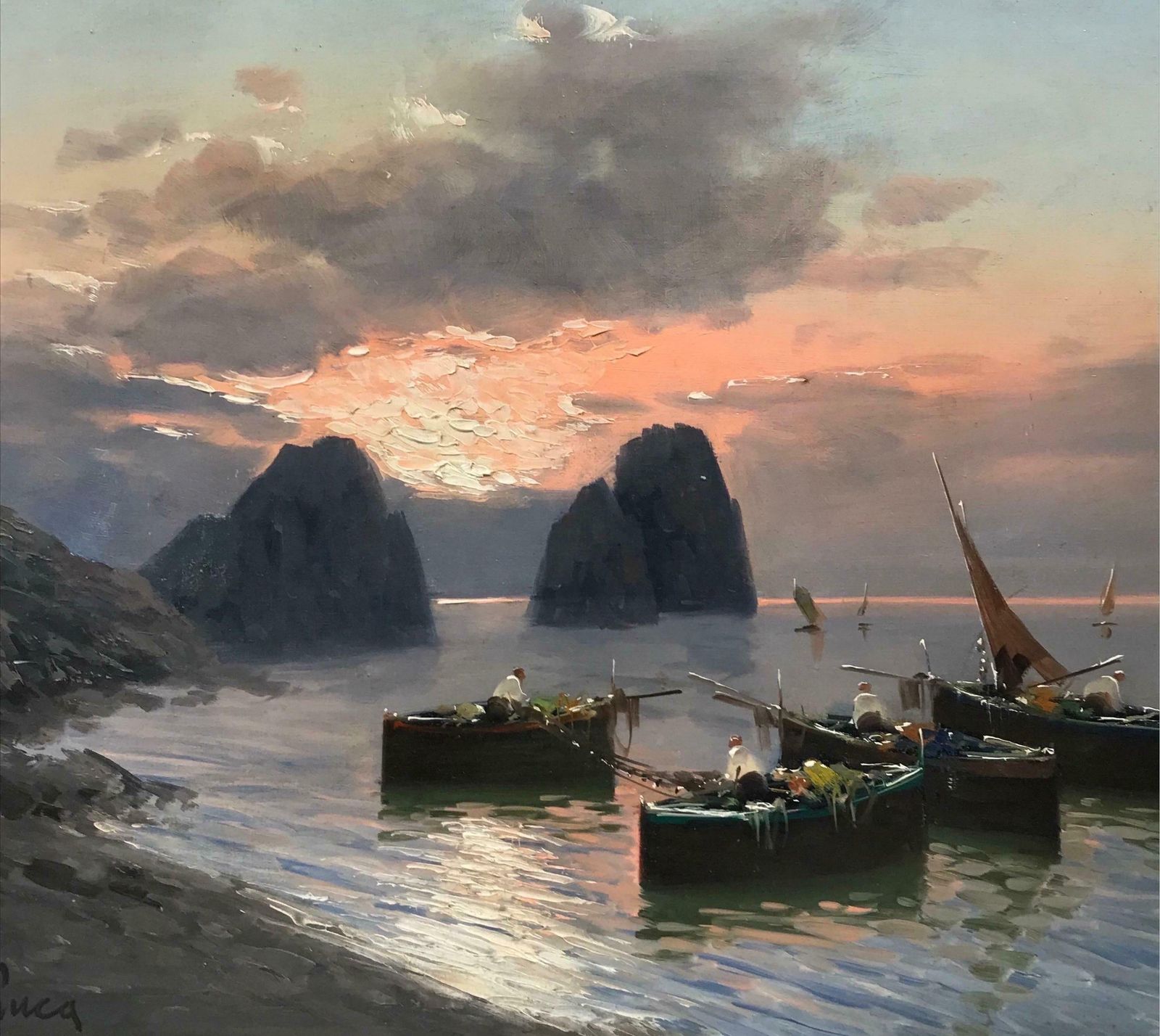 Mid Century Italianfishing Boats At Sunset Off The Neapolitan Coastline, Large Signed Oil Painting photo Art