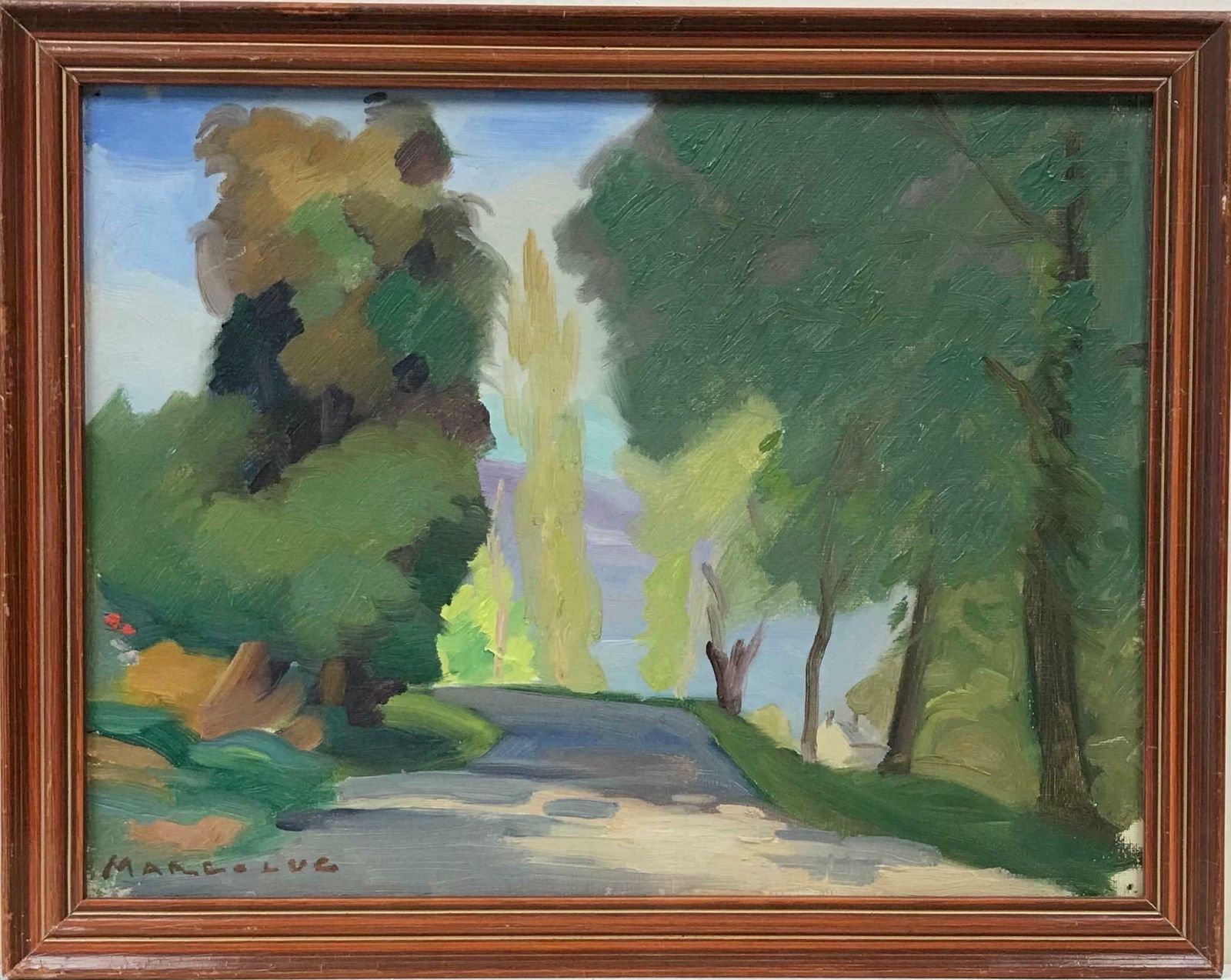 20th Century French School1950's French Modernist Signed Oil, Golden Green Landscape Woodland Pathway photo furniture
