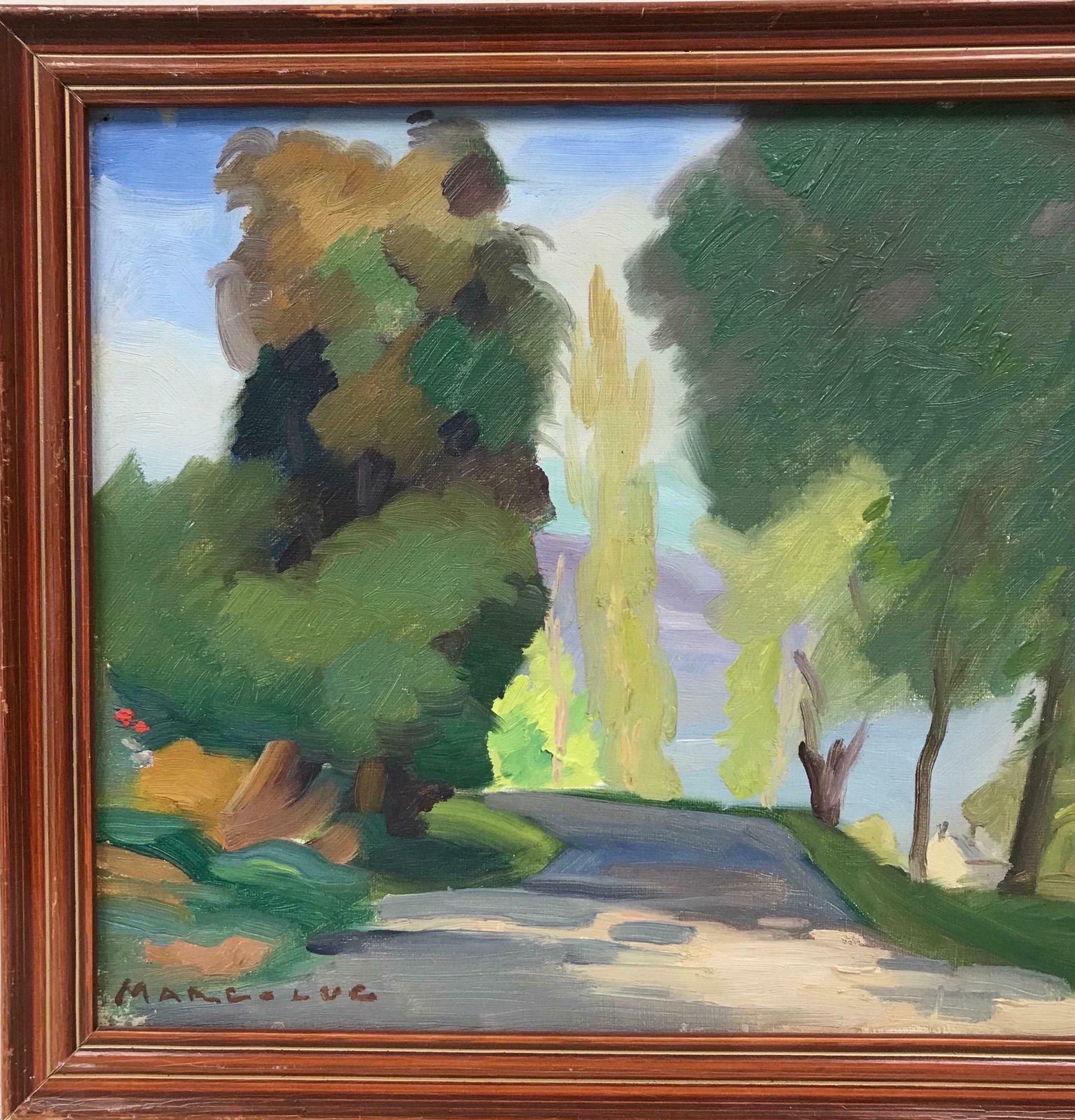 20th Century French School1950's French Modernist Signed Oil, Golden Green Landscape Woodland Pathway photo for sale