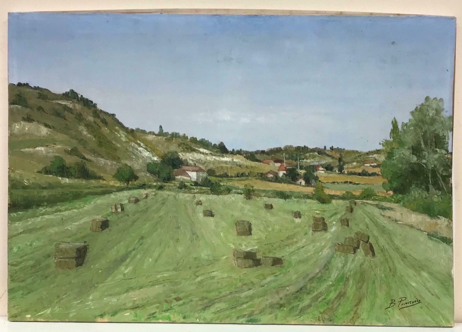 Bernard Perronehay Bales Harvest Green Fields, Large French Landscape Signed Oil Painting photo furniture