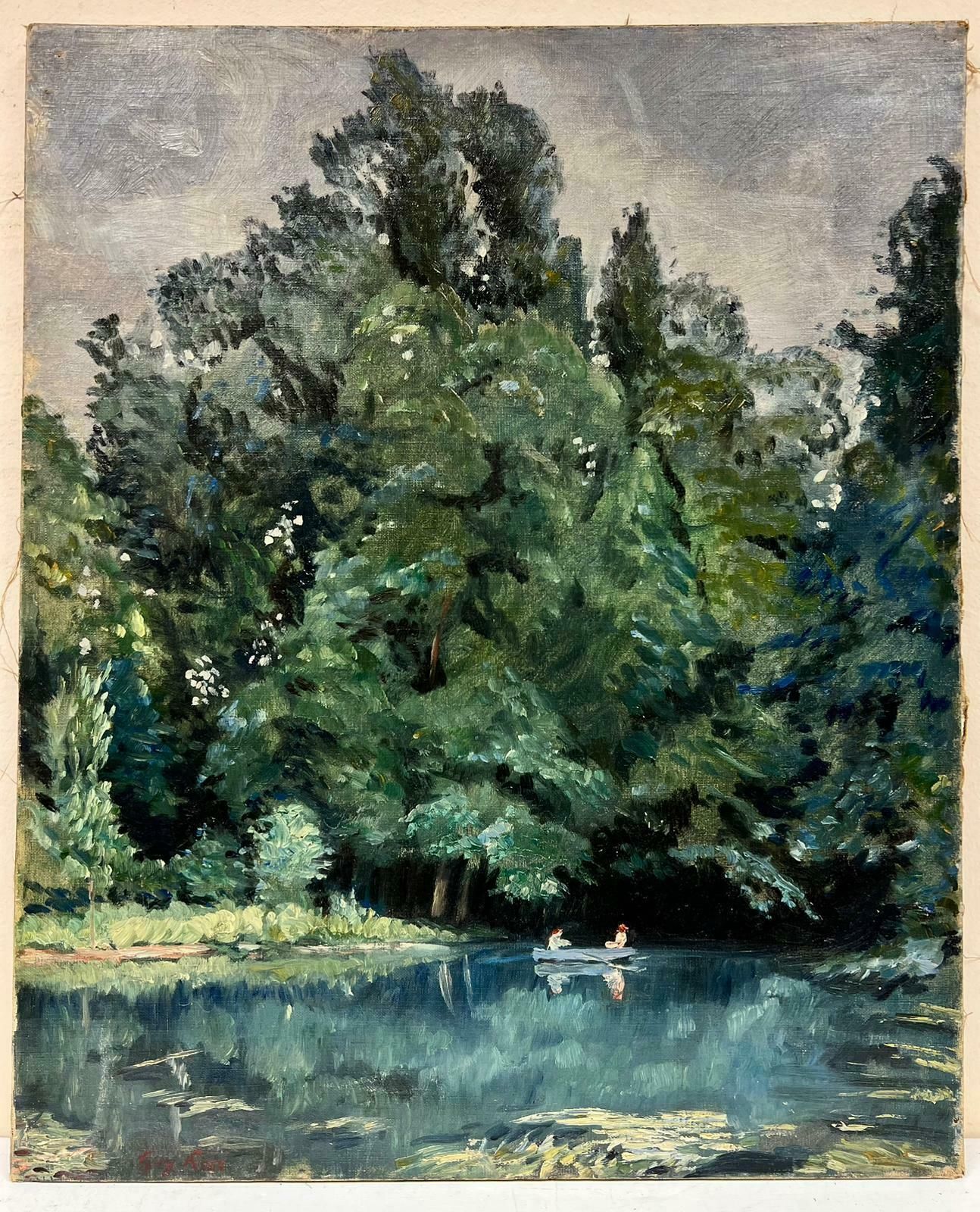 French Schoolearly 1900's French Impressionist Signed Oil Couple In Green Lake Landscape1900's photo furniture
