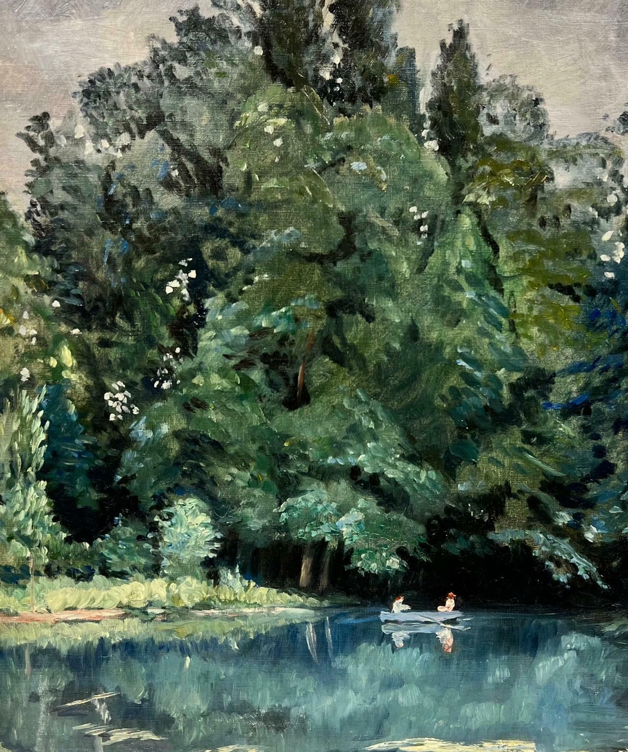 French Schoolearly 1900's French Impressionist Signed Oil Couple In Green Lake Landscape1900's photo for sale