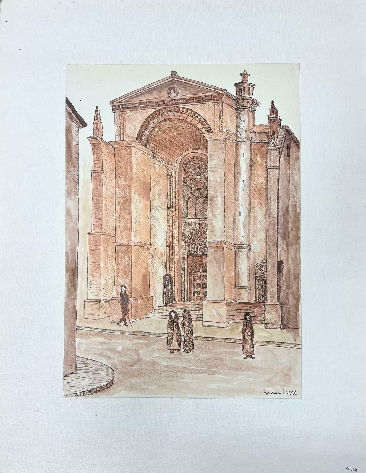 Bernard Labbe1950's Modernist/ Cubist Painting   Figures At French Cathedral1950's photo furniture