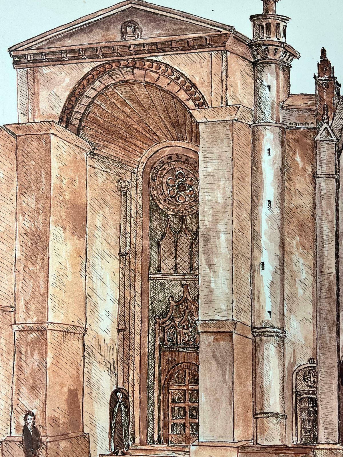 Bernard Labbe1950's Modernist/ Cubist Painting   Figures At French Cathedral1950's photo vinterior
