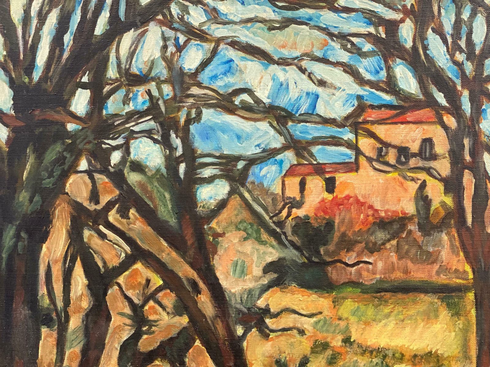 French Post Impressionistfrench Post Impressionist Oil After Cezanne Houses In Winter Woodland Landscape photo for sale
