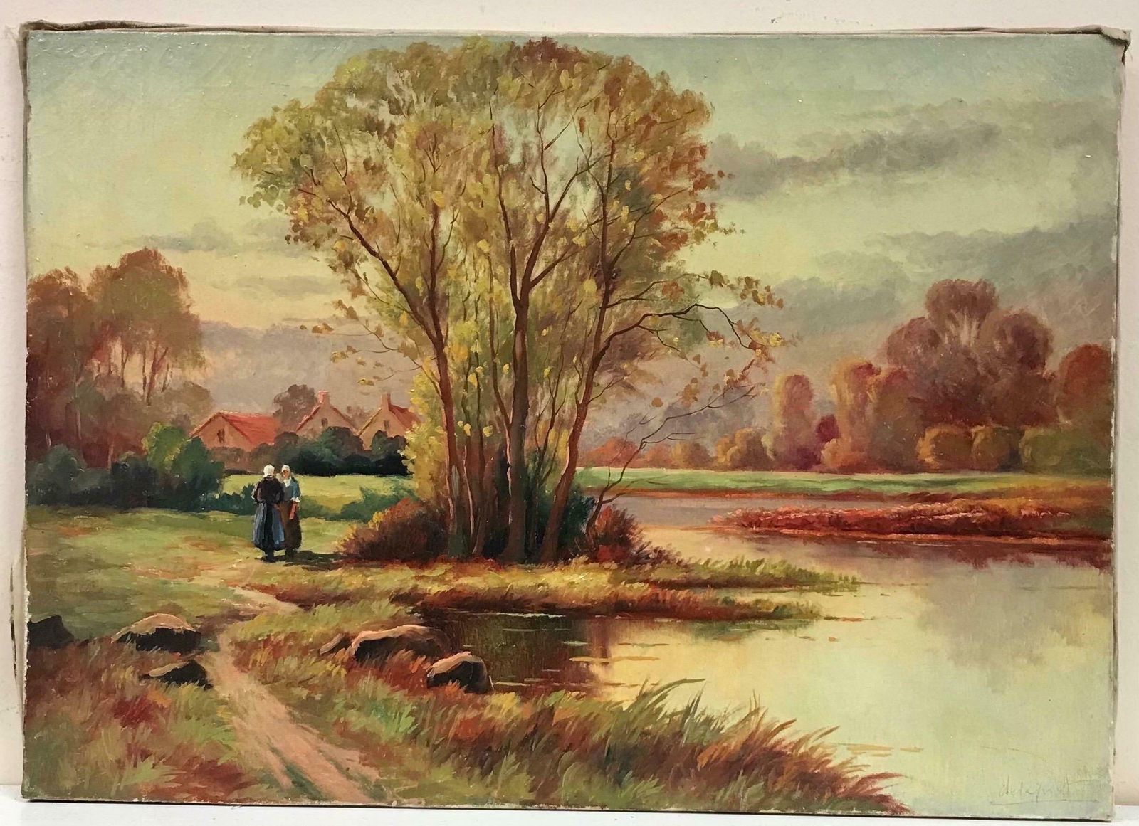20th Century French Schoolearly 20th Century French Siged Oil Two Figures Autumn Landscape By Lake photo furniture