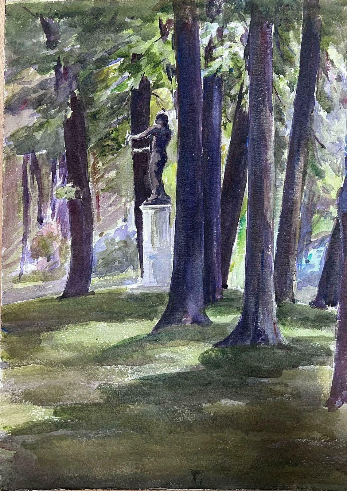 Louise Alix1930's French Watercolour Black Stone Statue In Tall Tree Forest1940's