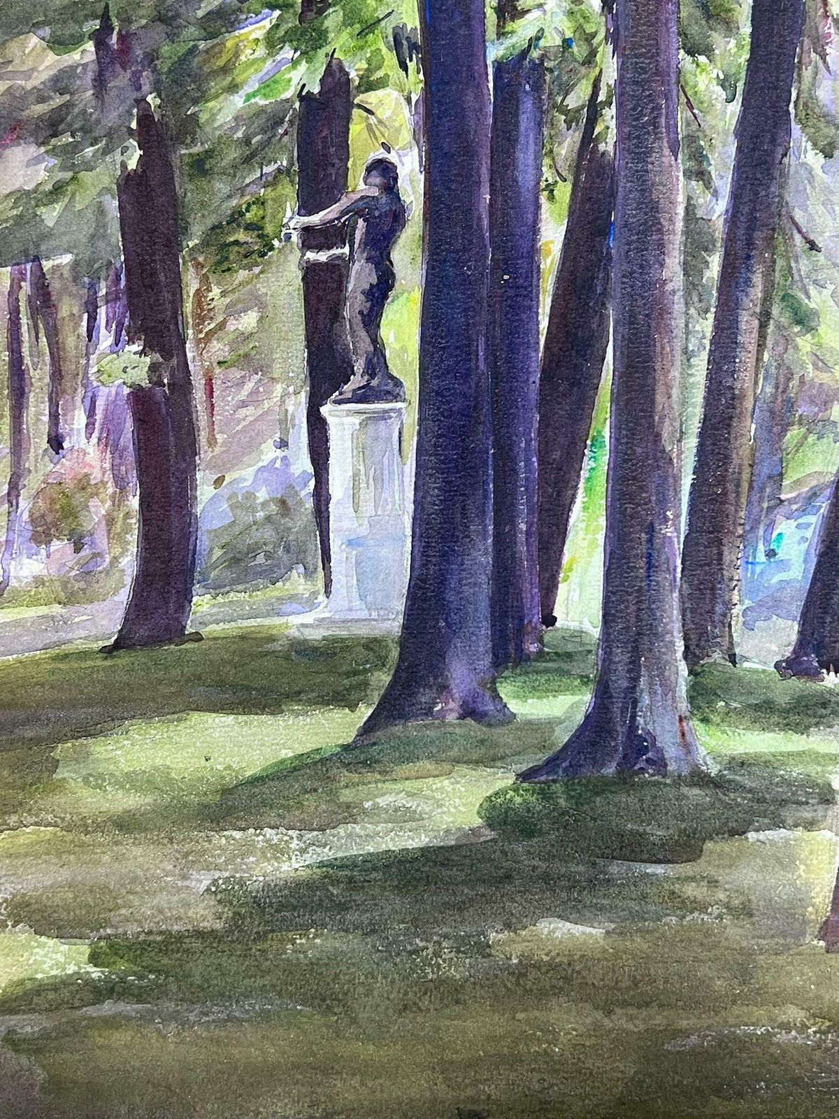 Louise Alix1930's French Watercolour Black Stone Statue In Tall Tree Forest1940's photo furniture