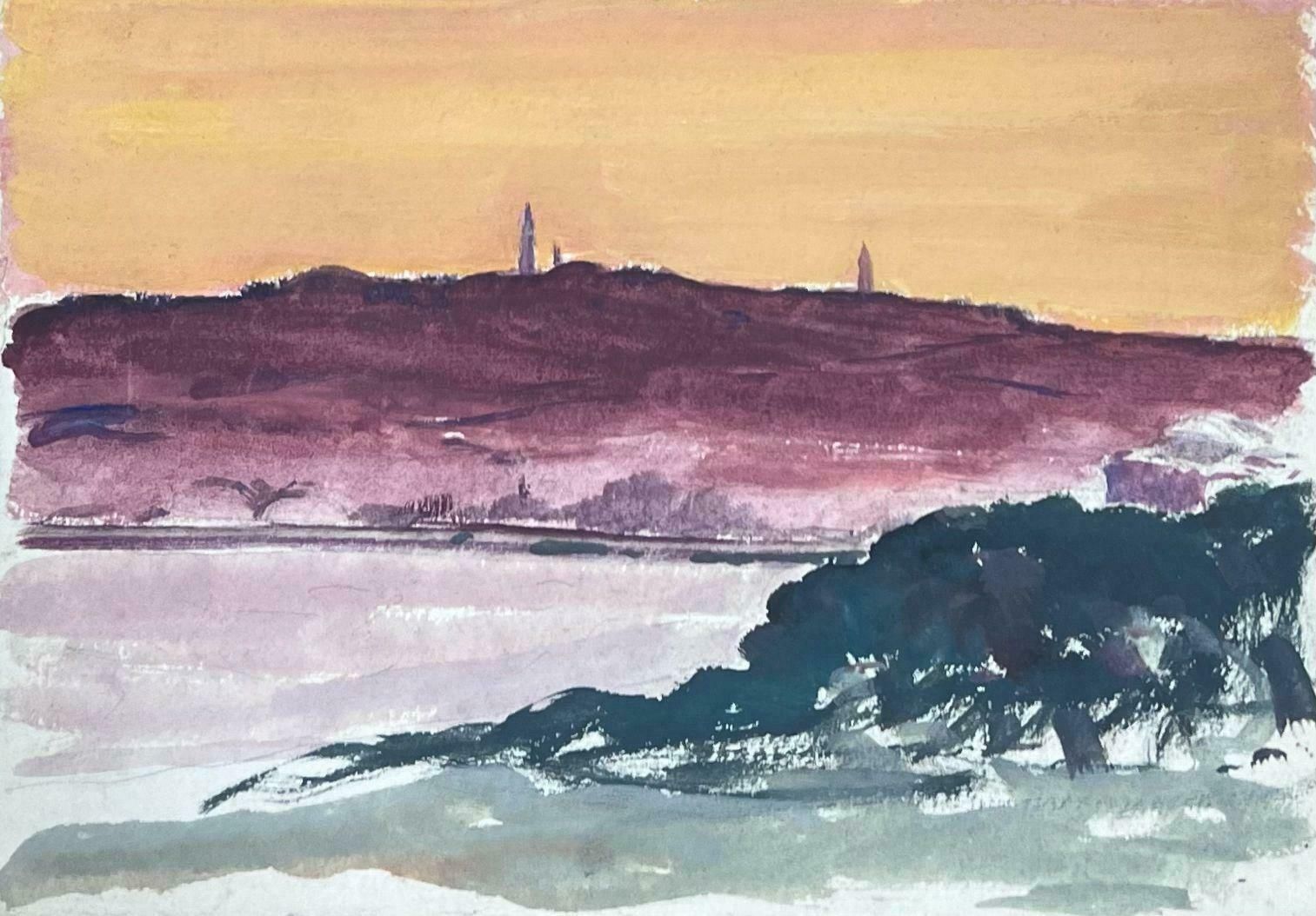 Louise Alix1930's French Gouache Purple Cliffs Orange Sea Landscape1940's