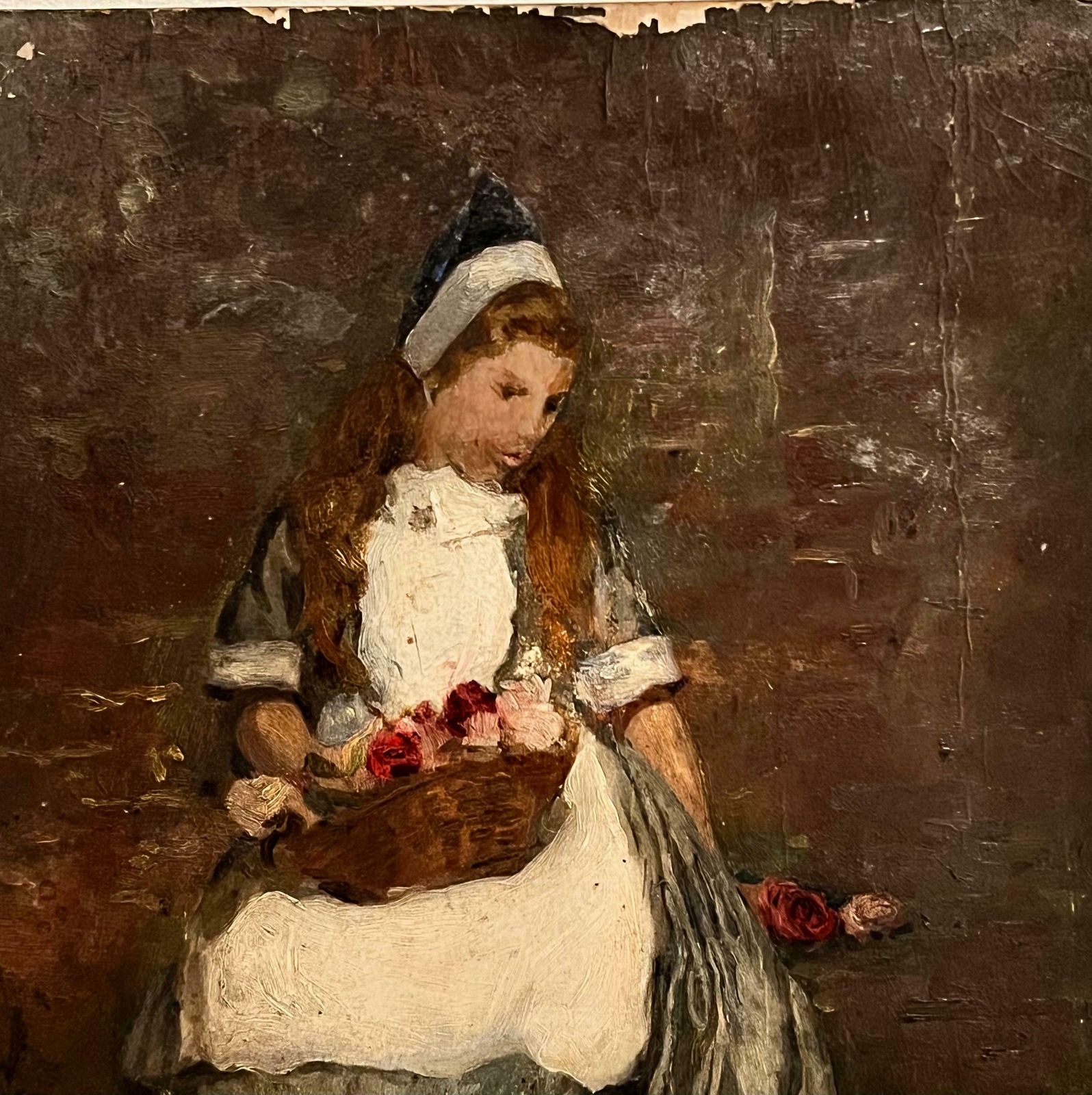 Antique English Antique Victorian English Oil   Young Girl Collecting Roses photo furniture