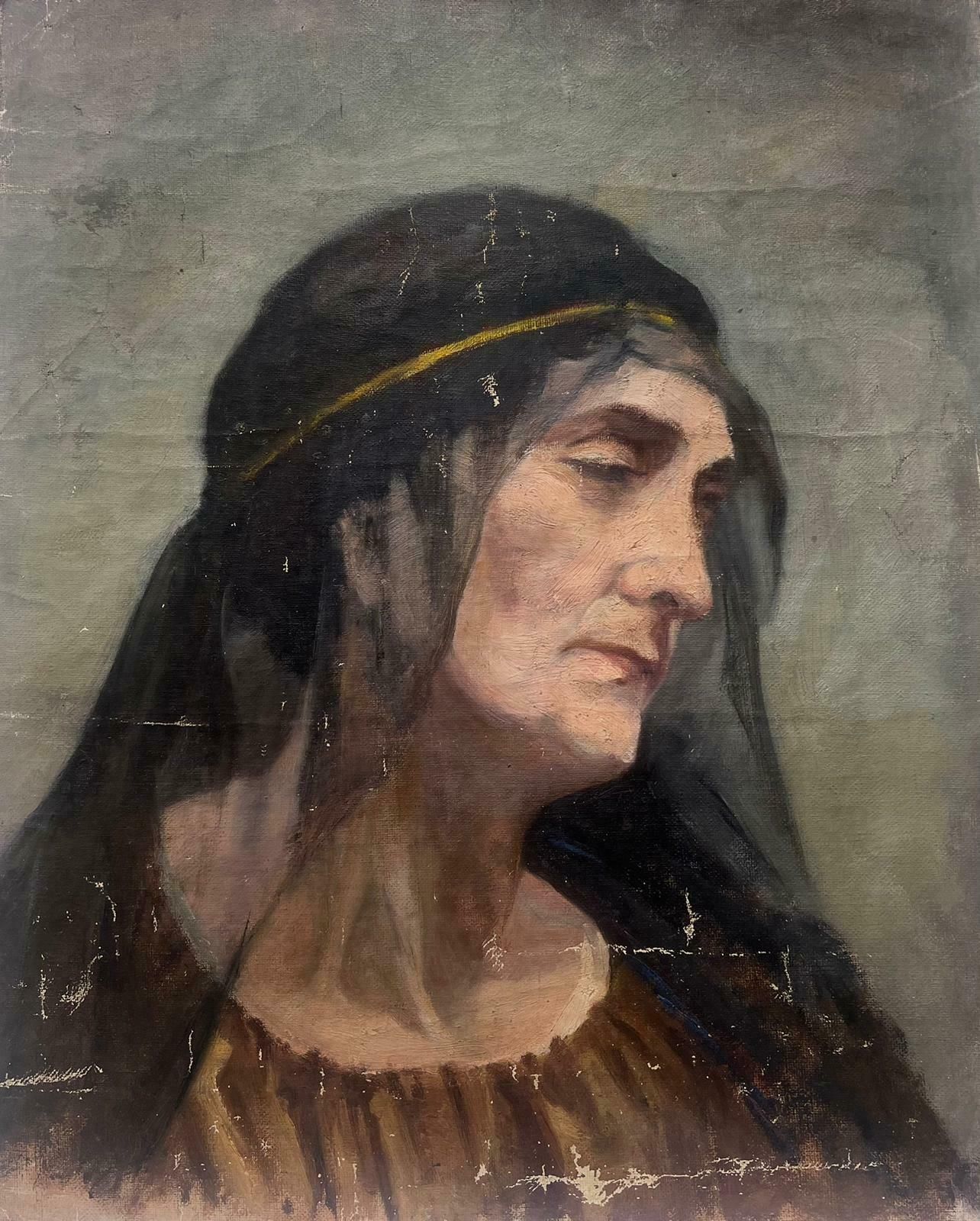 Louise Alix1930's French Oil Portrait Lady With Sheer Black Head Scarf1940's photo Art