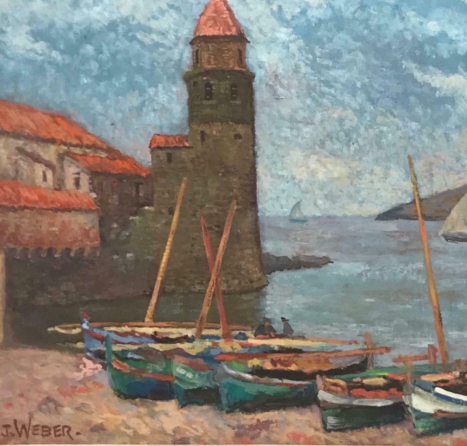 J. Webermid Century French Signed Oil Collioure Harbour South Of France, Fishing Boats photo for sale